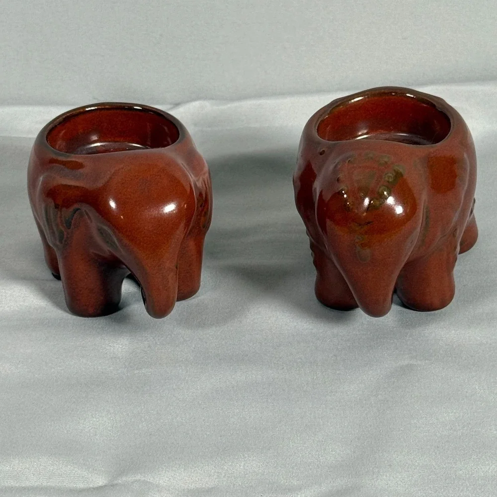 2 Partylite Elephant Votive Tea Light Candle Holders VTG Brown‎ Thai EUC